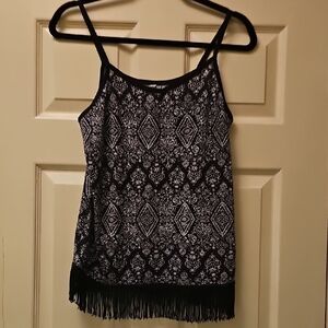 Black & White Printed Fringe-Trim Cami Top